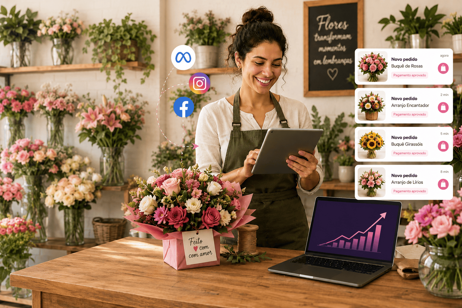 Floricultura recebendo mais pedidos de buquês e arranjos com gestão de tráfego pago da Weonline