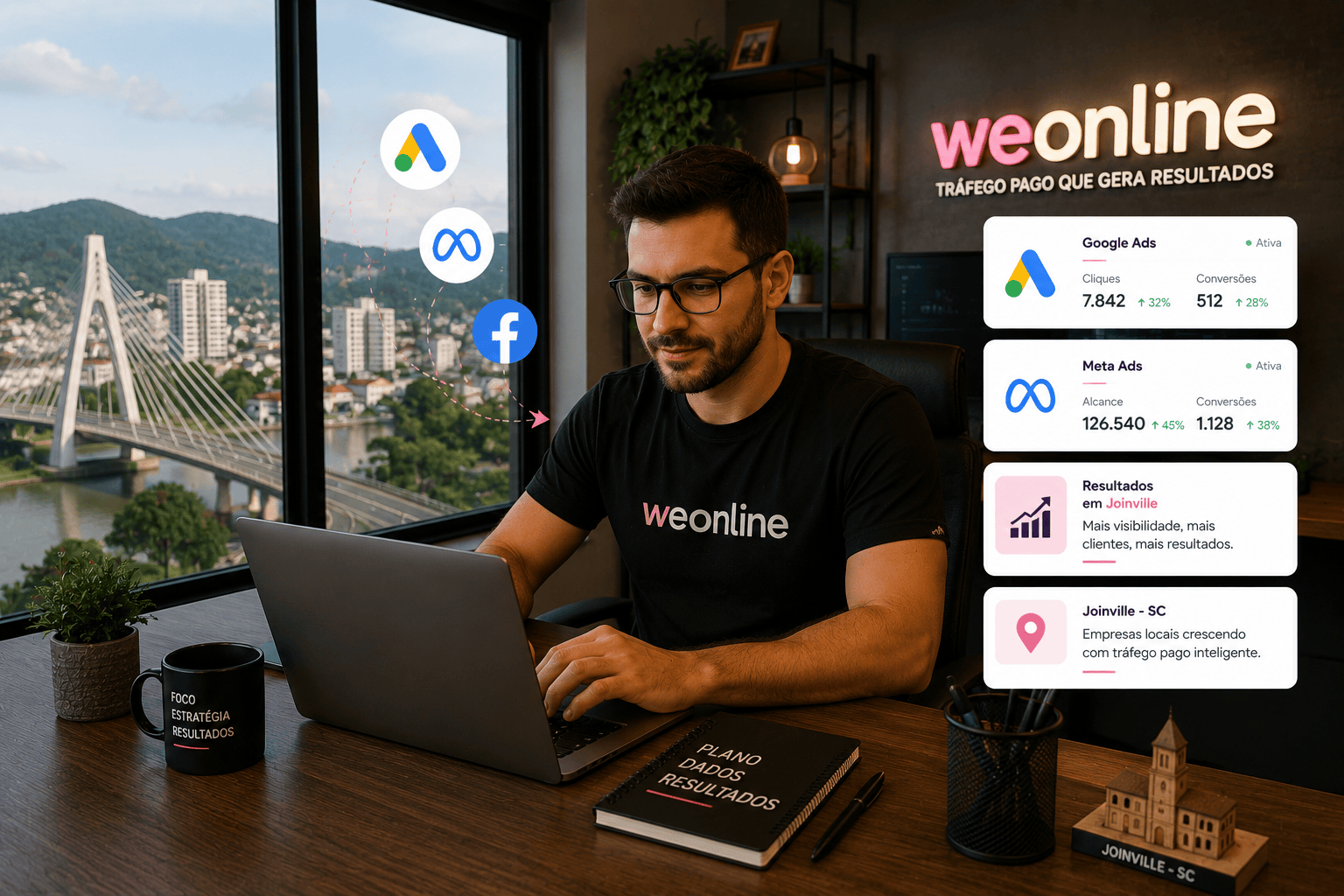 Gestor de tráfego pago em Joinville analisando campanhas de Google Ads e Meta Ads da Weonline