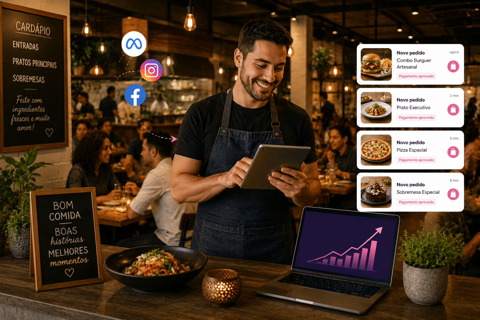 Restaurante com mesas cheias atraindo mais clientes com gestão de tráfego pago da Weonline